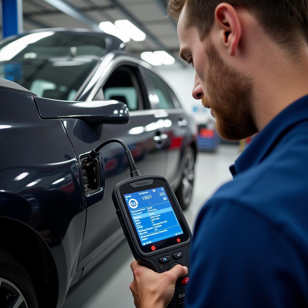 Mechanic Using Bidirectional Scan Tool on Car