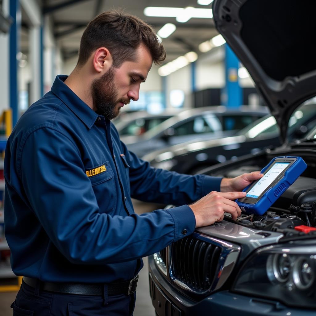 Mechanic using BlueDriver in a workshop setting