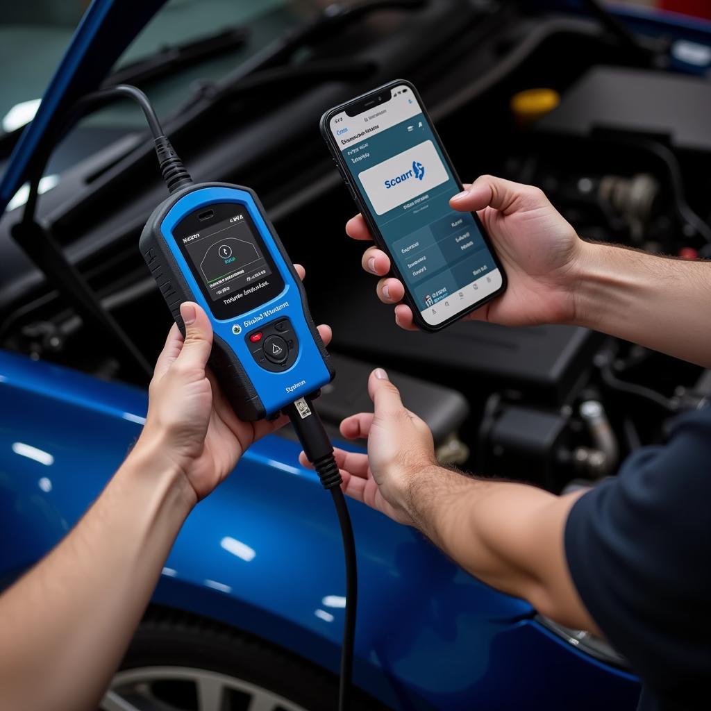 Mechanic Using BlueDriver Scan Tool on a Vehicle