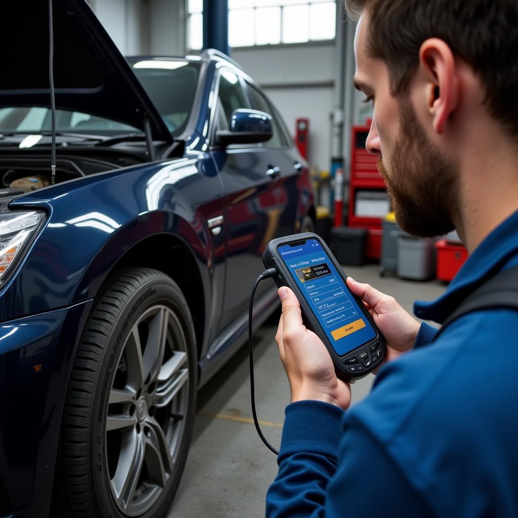 Mechanic Using Bluedriver to Diagnose a Car Problem