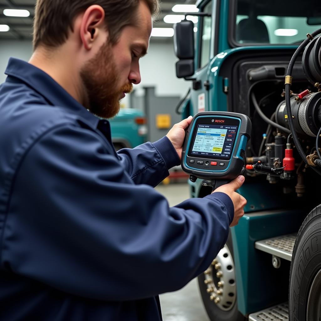 Mechanic Using Bosch Diesel Diagnostic Tool on Truck