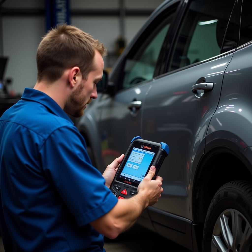 Mechanic using Bosch OBD 1100 in a car workshop