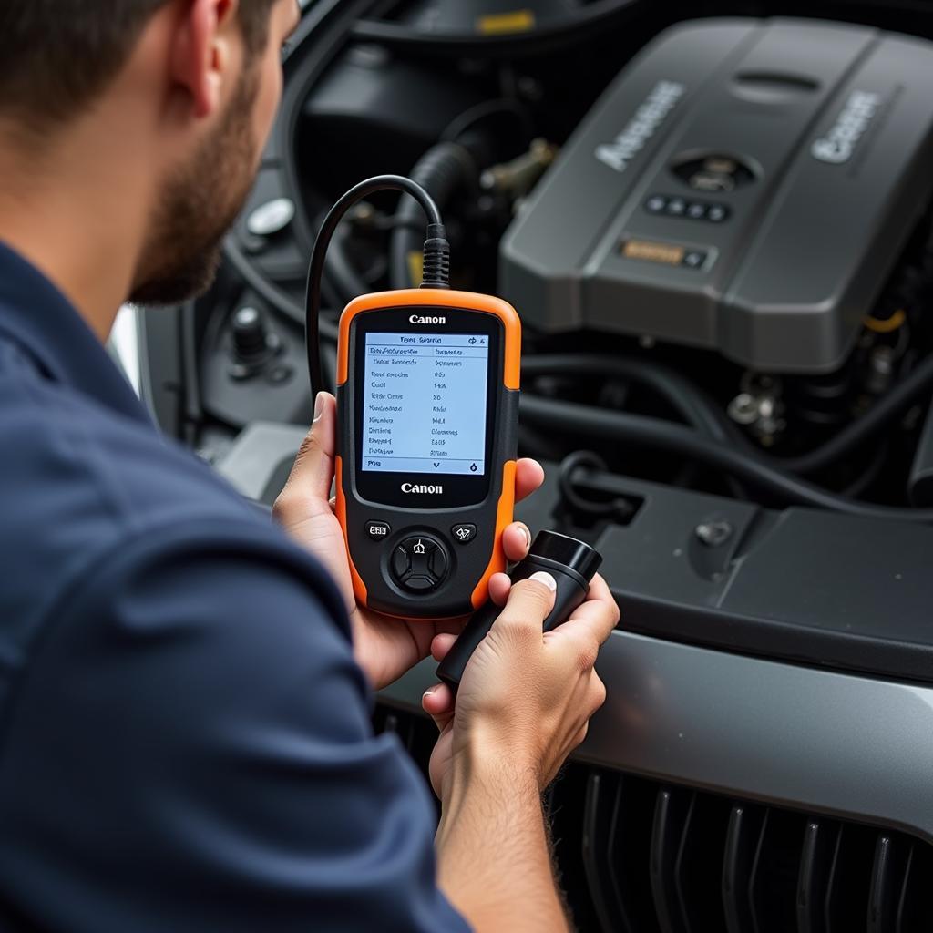 Mechanic Using a Canon Scanner Diagnostic Tool