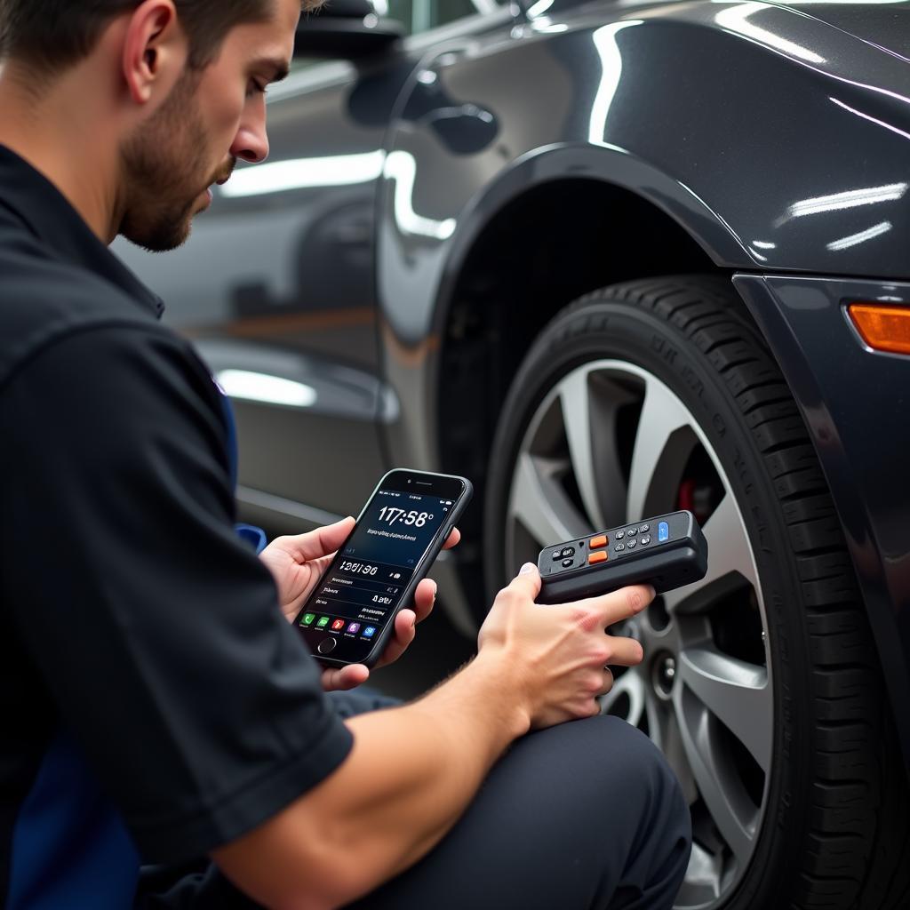 Mechanic using car code scanner and iPhone 8