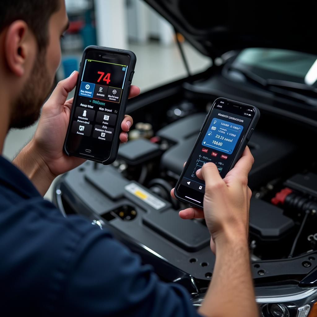 Mechanic using car scan tool on iPhone in a garage