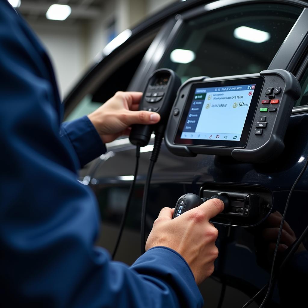 Mechanic Using a Car Scanner in Dubai Workshop