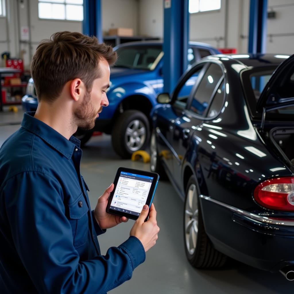 Mechanic Using Car Wifi OBD Scanner