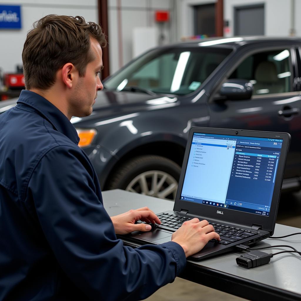 Mechanic using Dell laptop in a workshop