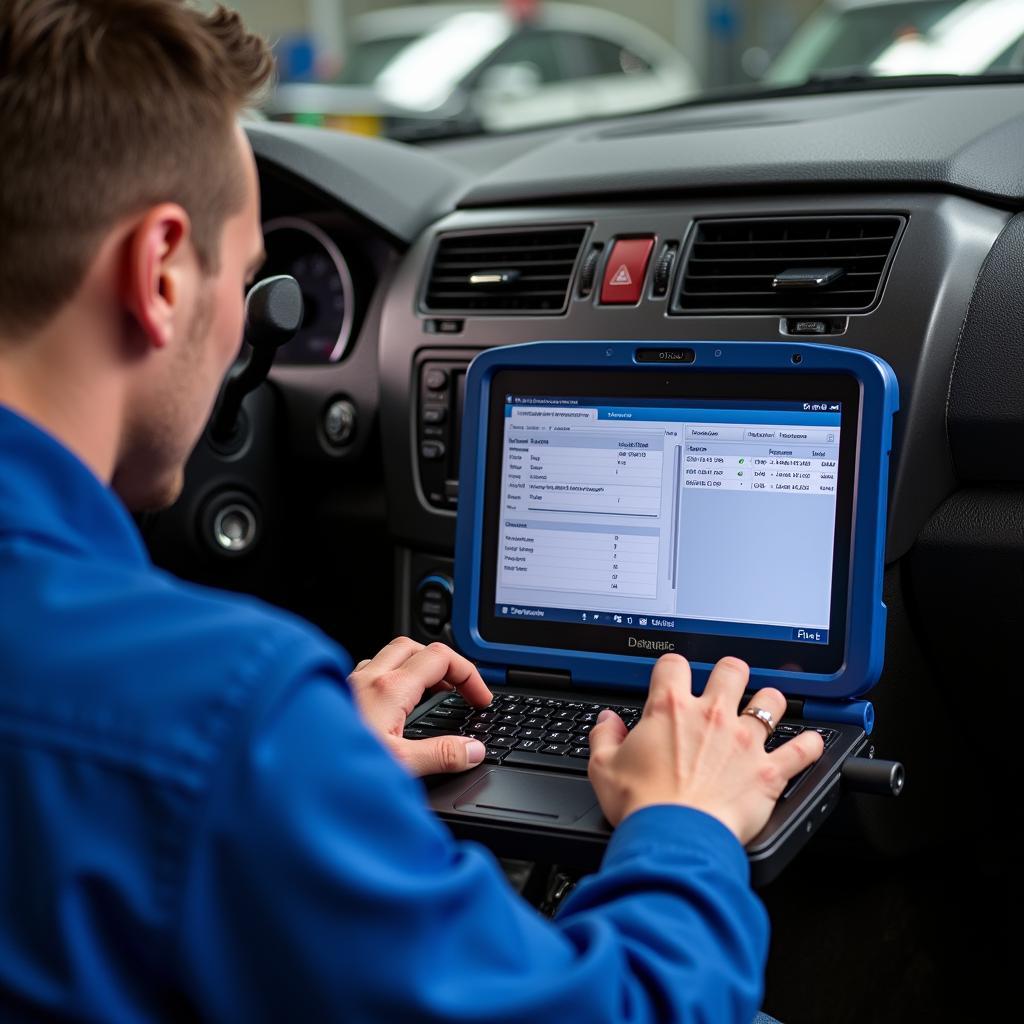 Mechanic using diagnostic software on a laptop connected to a car