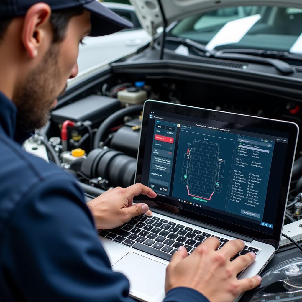 Mechanic Using Diagnostic Software on Laptop