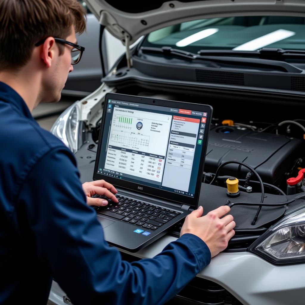 Mechanic Using Diagnostic Software on Laptop