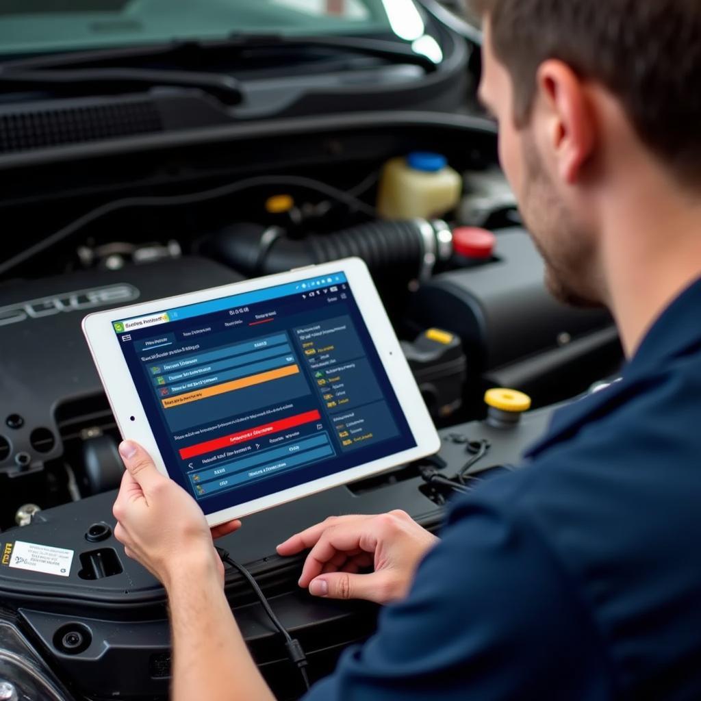 Mechanic Using a Diagnostic Tablet