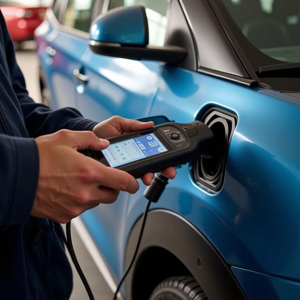 Mechanic Using a Diagnostic Tool HDD on an Electric Vehicle