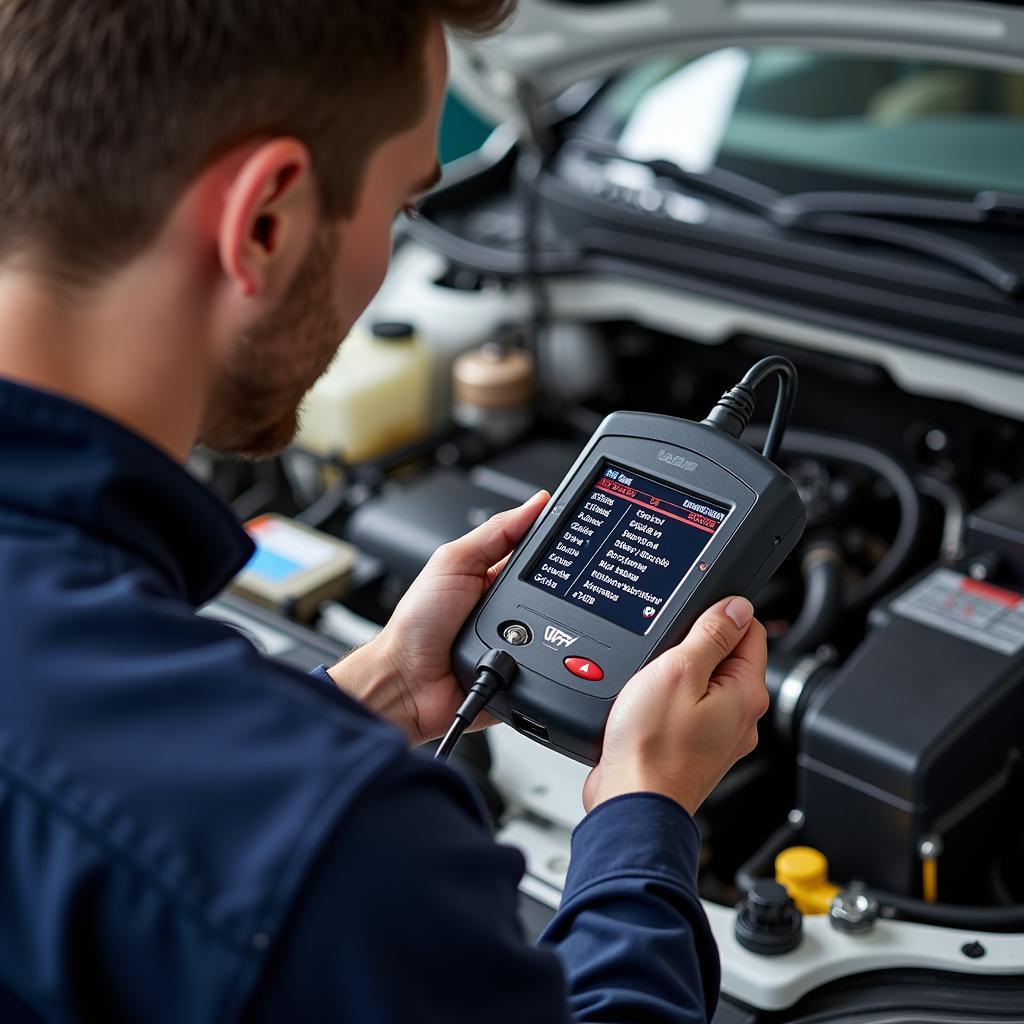 A mechanic connects a diagnostic tool to a car's OBD-II port to troubleshoot an engine problem.