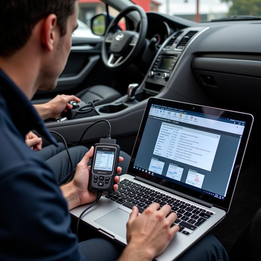 Mechanic Using Diagnostic Tool on Car