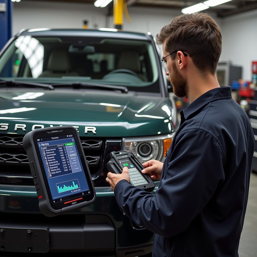 Mechanic Using Diagnostic Tool on Discovery 4