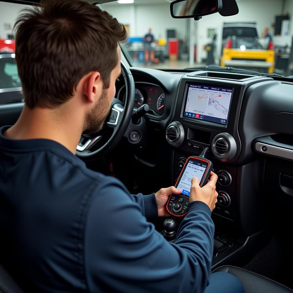 Mechanic using diagnostic tool on Jeep Wrangler