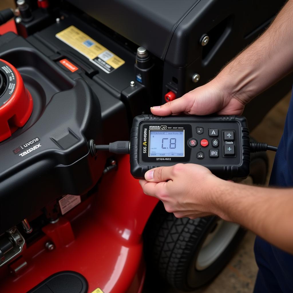 A mechanic using a diagnostic tool to troubleshoot a lawn mower engine.