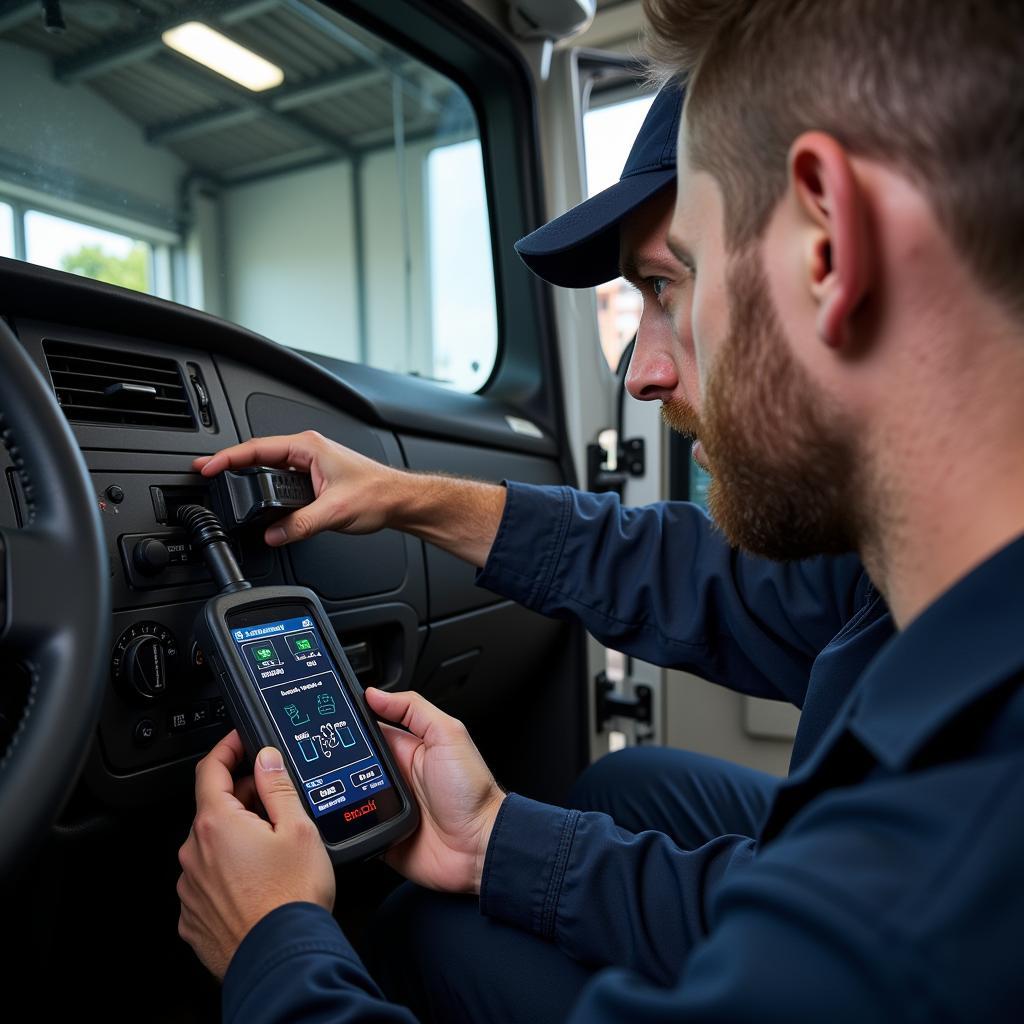 Mechanic Using Diagnostic Tool on Semi Truck