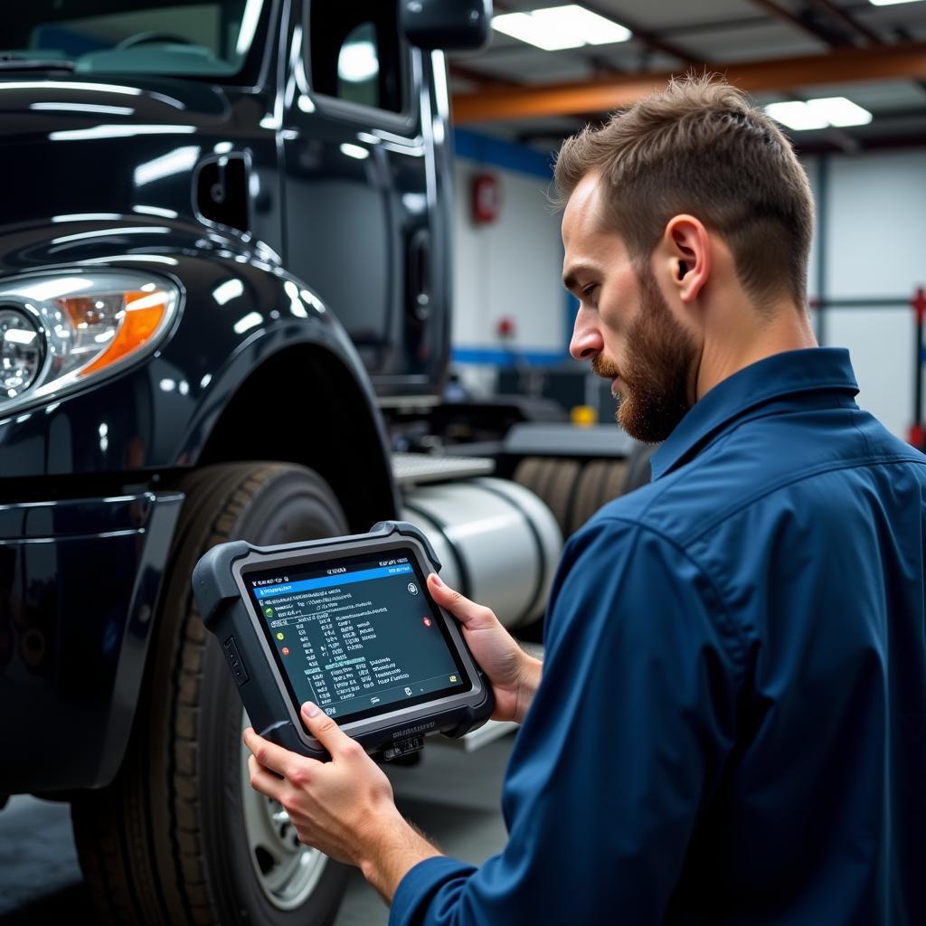 Mechanic Using Diagnostic Tool on a Truck