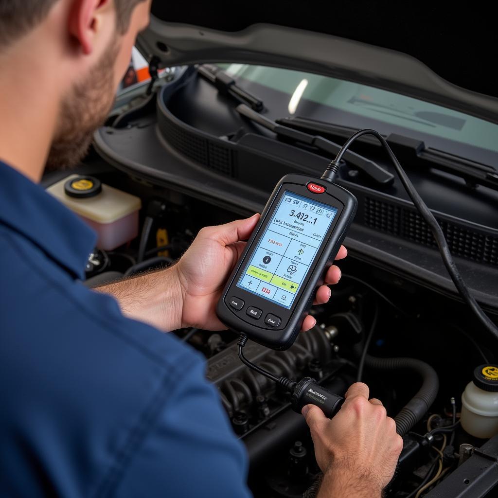 Mechanic Using a Diagnostic Tool to Troubleshoot a Car Engine