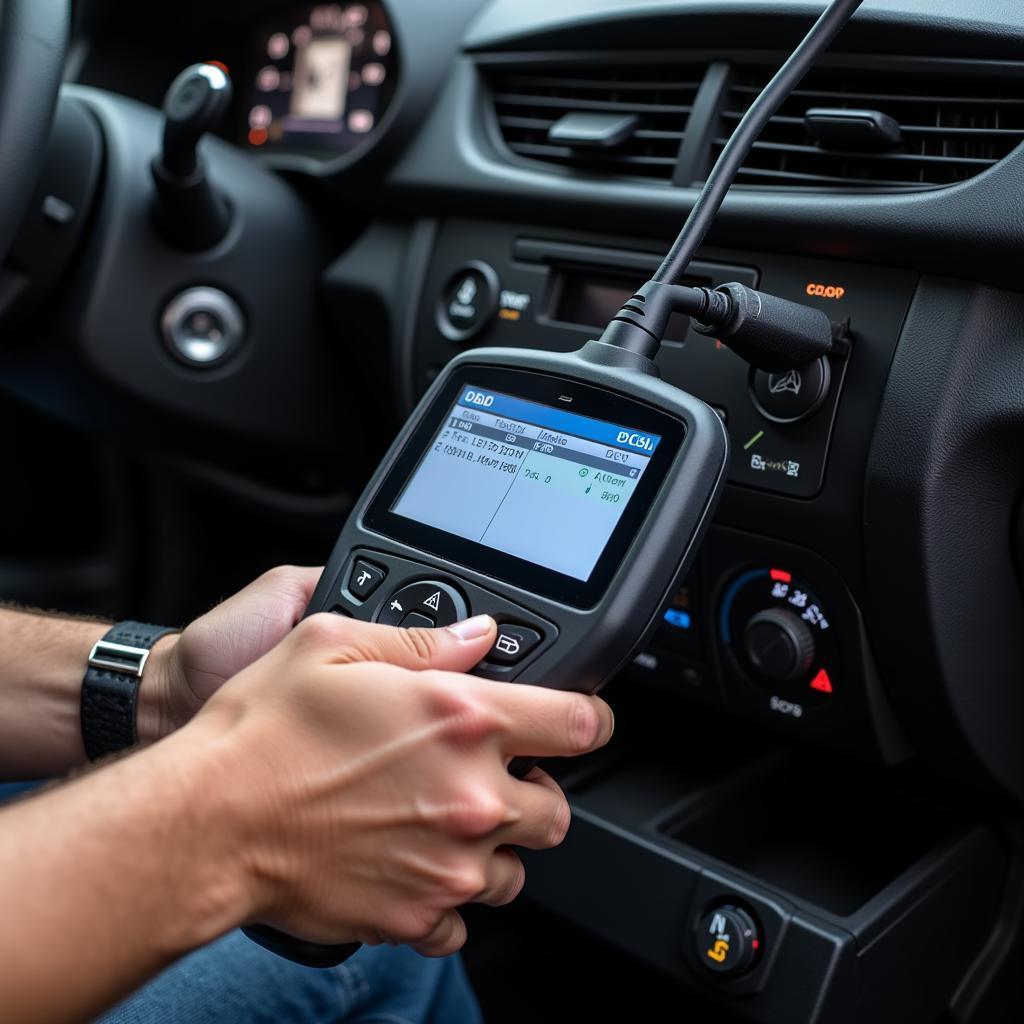 Mechanic Using Diagnostic Tool to Troubleshoot Car Problem