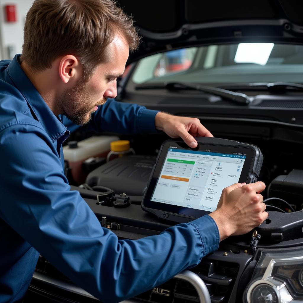 Mechanic Using a Discovery 4 Diagnostic Tool