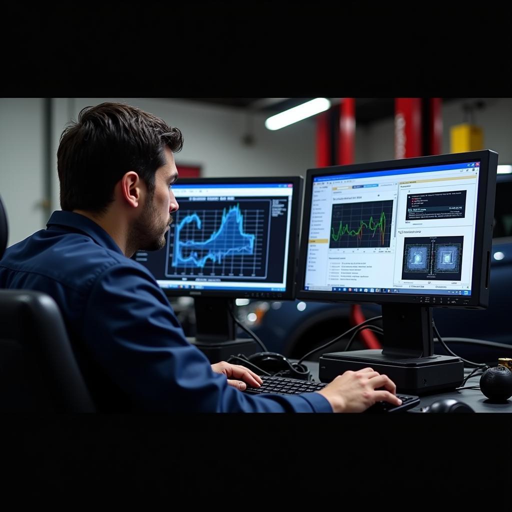 Mechanic Using Dual PC Setup for Diagnostics