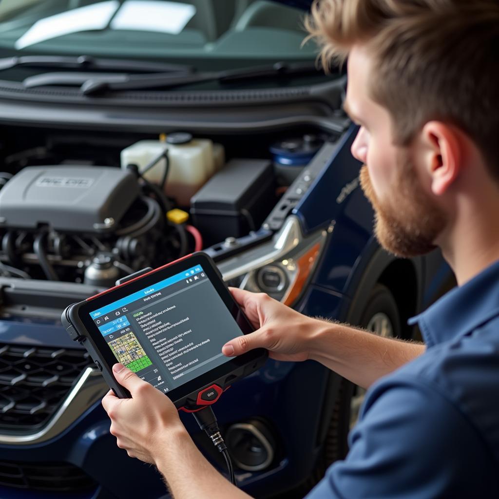 Mechanic using ELM327 scanner and tablet to diagnose car problems