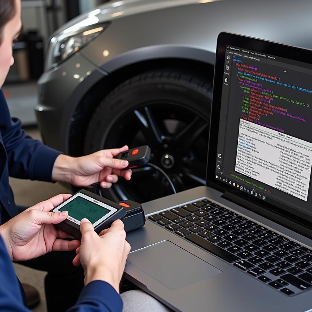 Mechanic Using ELM327 Scan Tool for Car Diagnostics