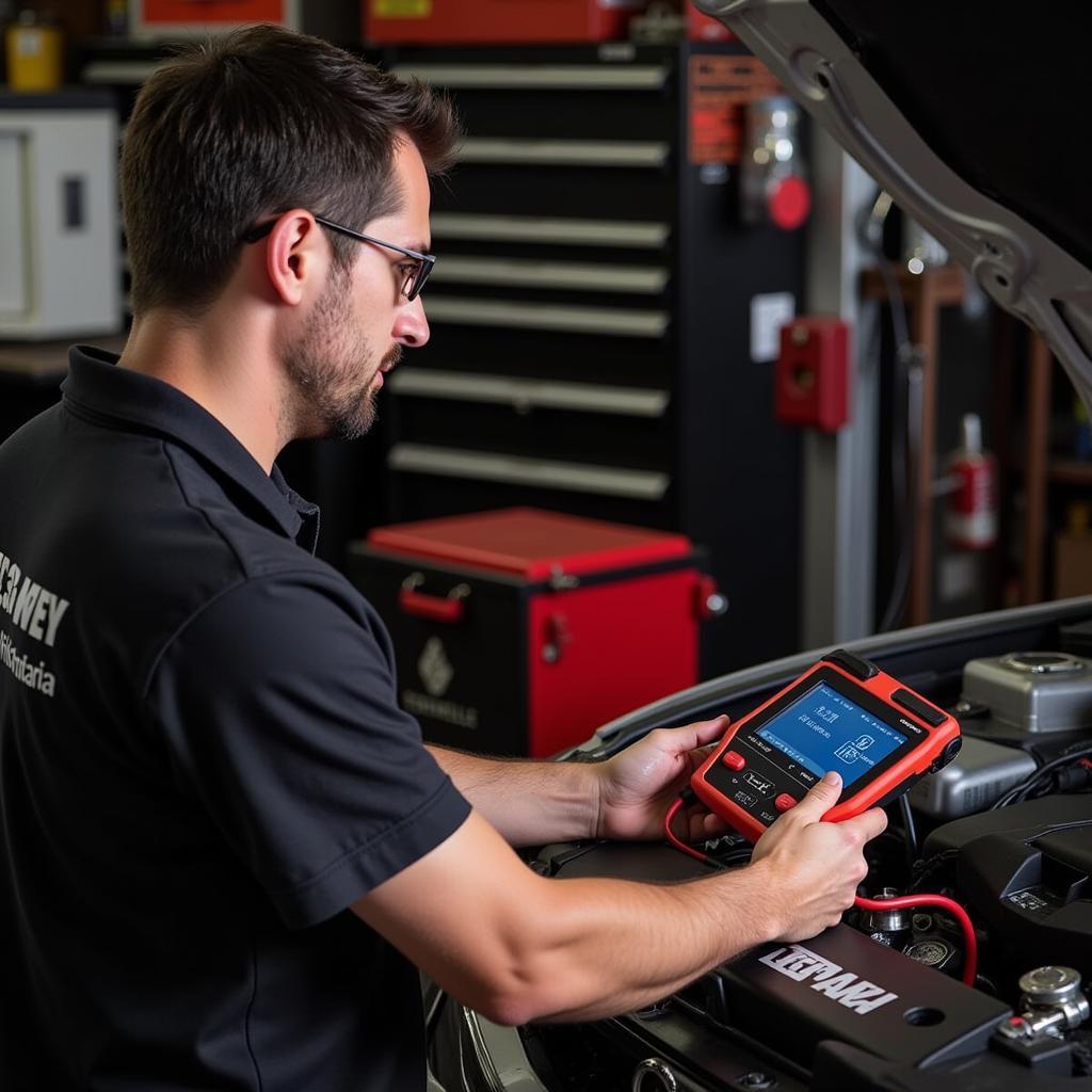 Mechanic using Foxwell BT100 in a workshop