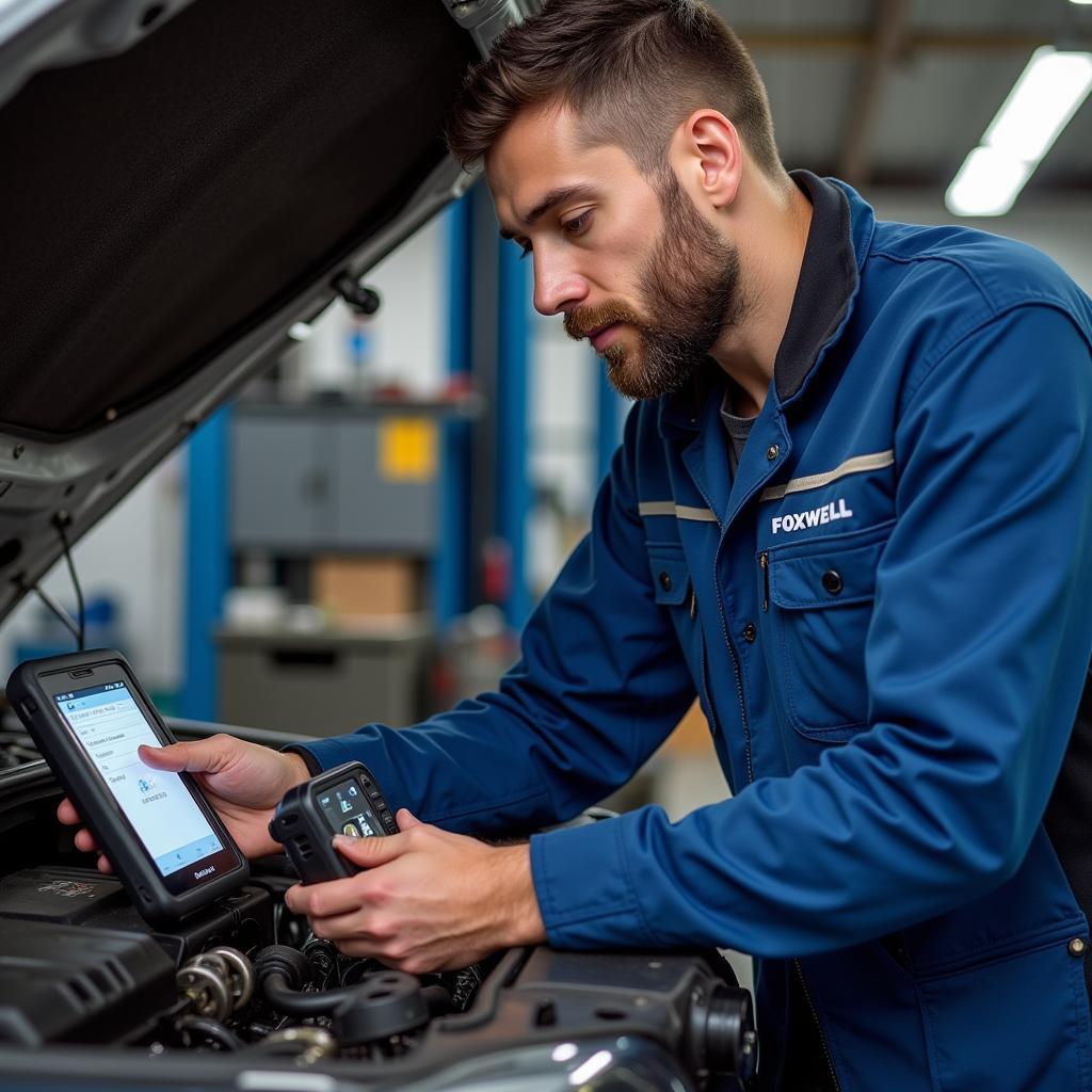 Mechanic Using Foxwell NT201 in Workshop