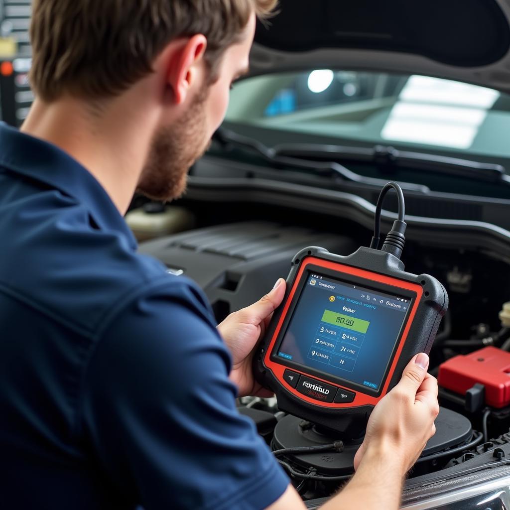 Mechanic Using Foxwell NT500 to Diagnose Car Problem