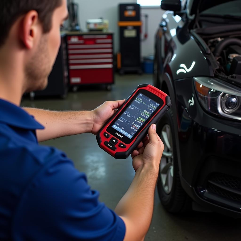 Mechanic Using Foxwell NT644 Elite in Workshop