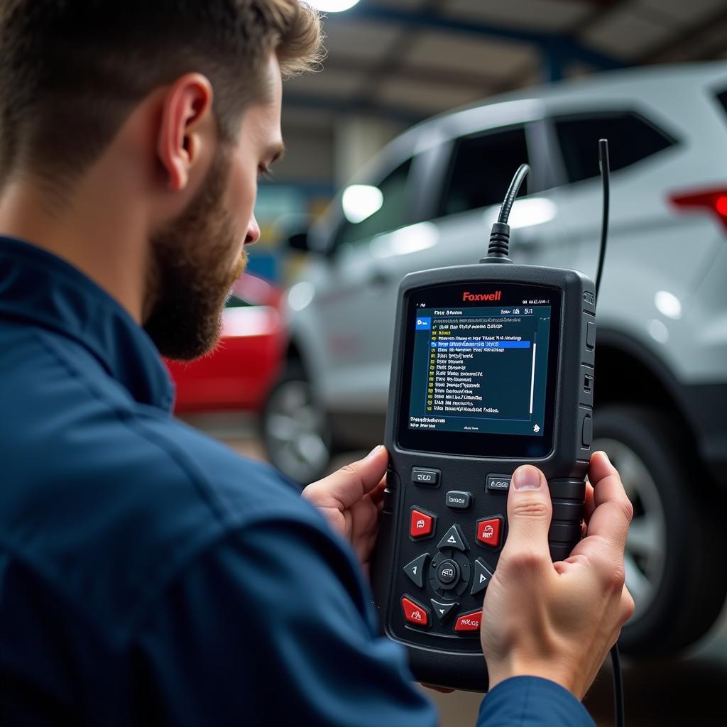 Mechanic Using a Foxwell Auto Scanner to Diagnose Car