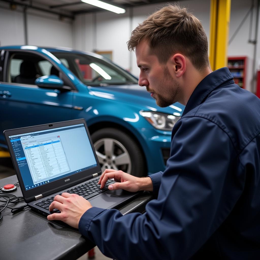 Mechanic using freeware PC diagnostic tool in a workshop.