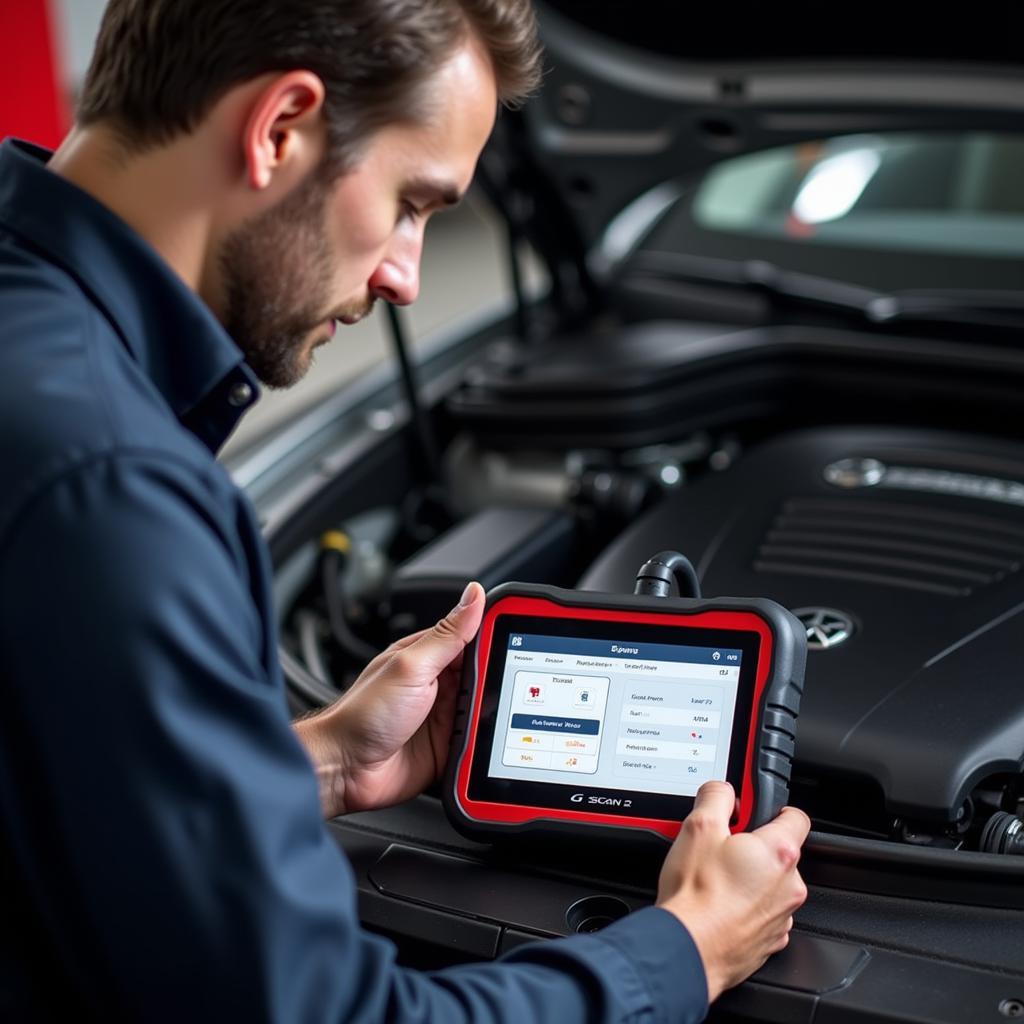 A mechanic uses the G Scan 2 to perform ECU coding on a vehicle.