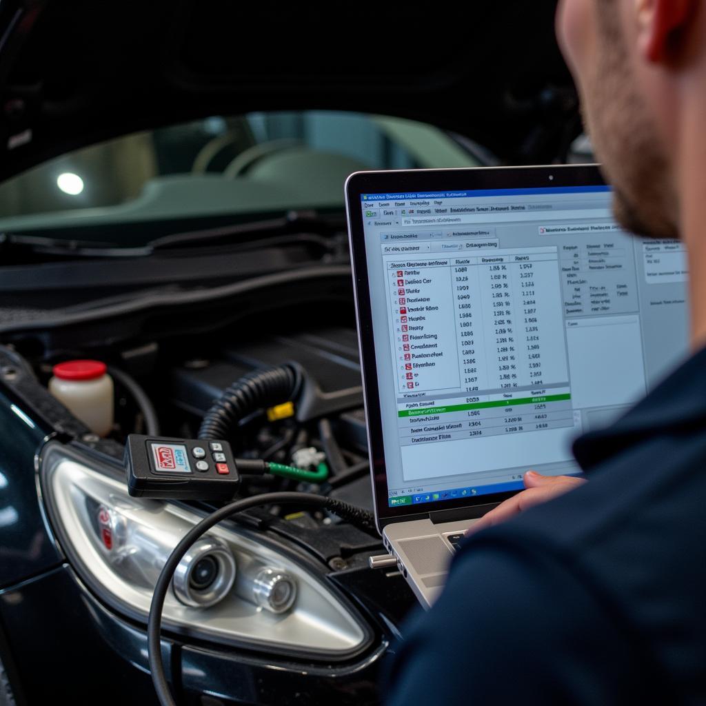 Mechanic Using Laptop for Car Diagnostics