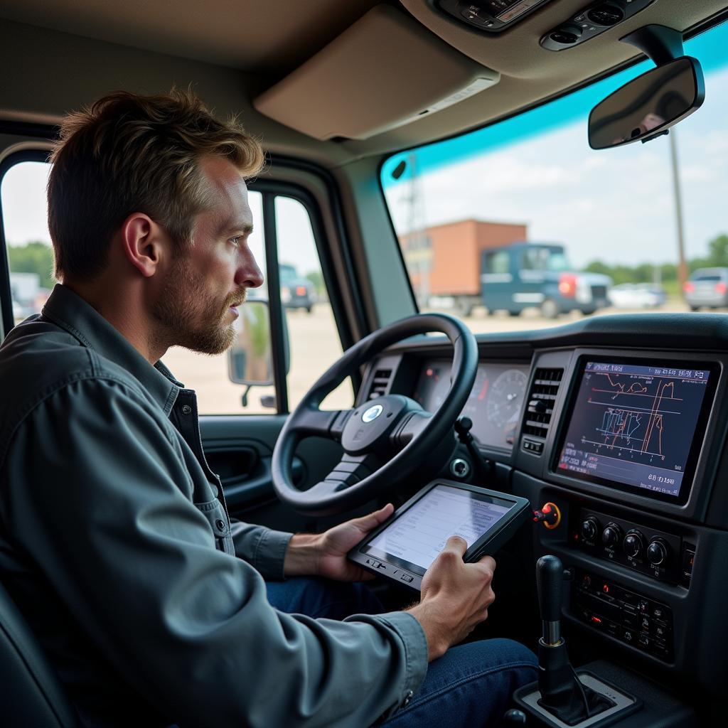 Mechanic Using Mack Scan Tool to Diagnose Truck