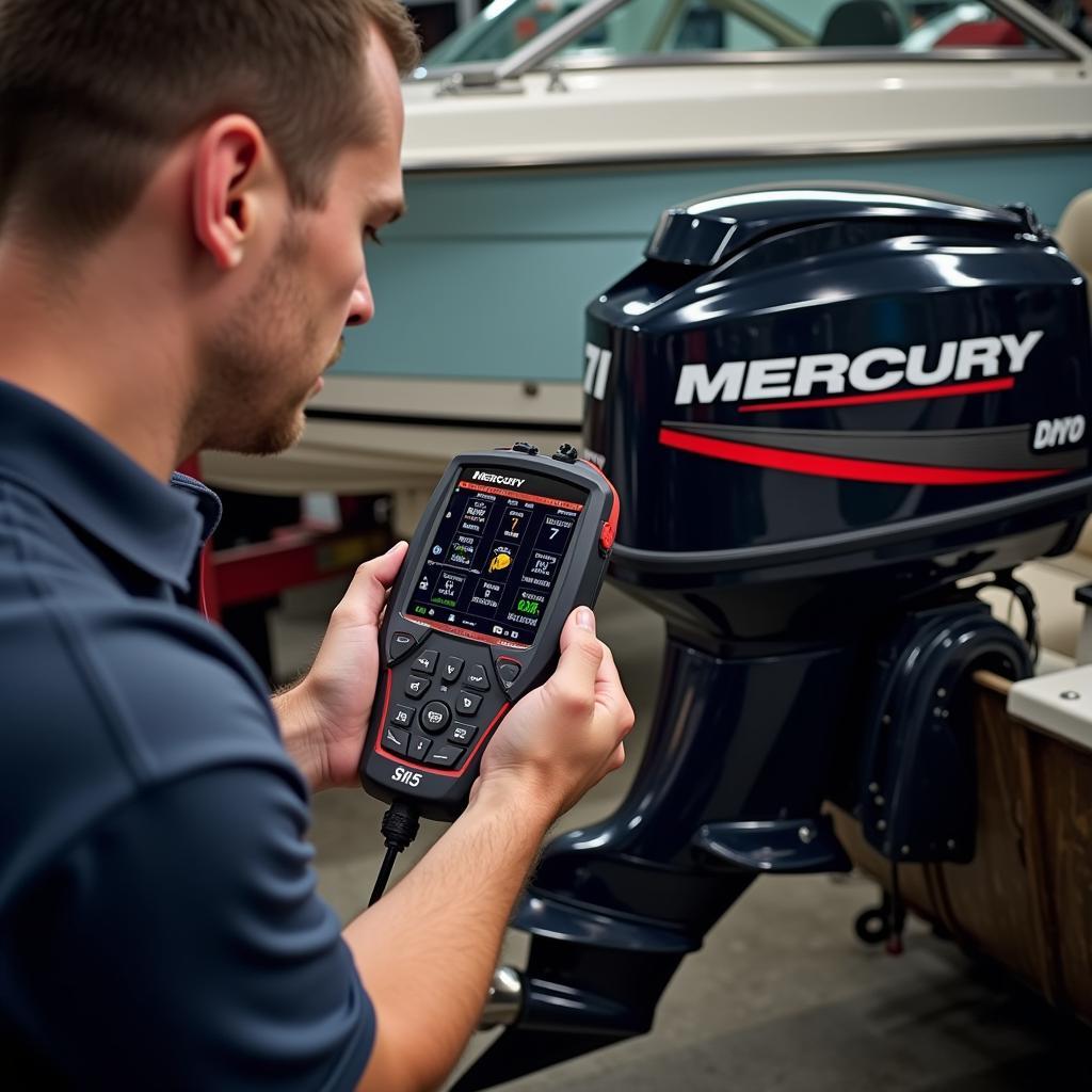 Mechanic Using a Mercury Diagnostic Tool on an Outboard Motor