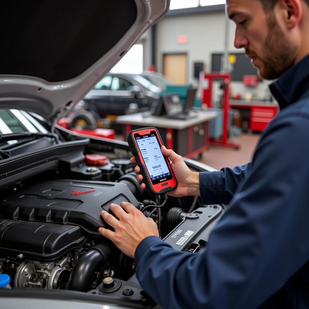 Mechanic Using Milwaukee Diagnostic Tool on Car Engine