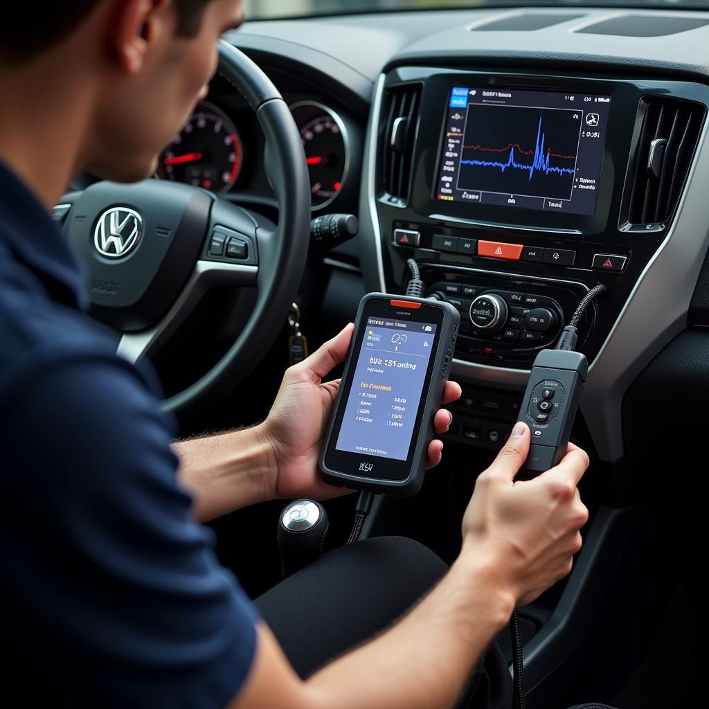 Mechanic Using a Multi Scan Tool with Oscilloscope to Diagnose Car Problems