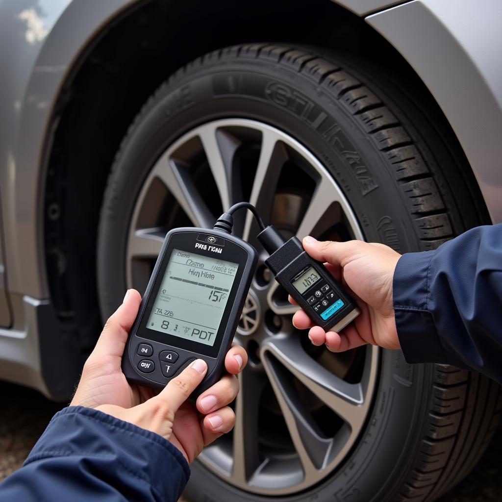 Mechanic Using OBD Scan Tool on Toyota Tire