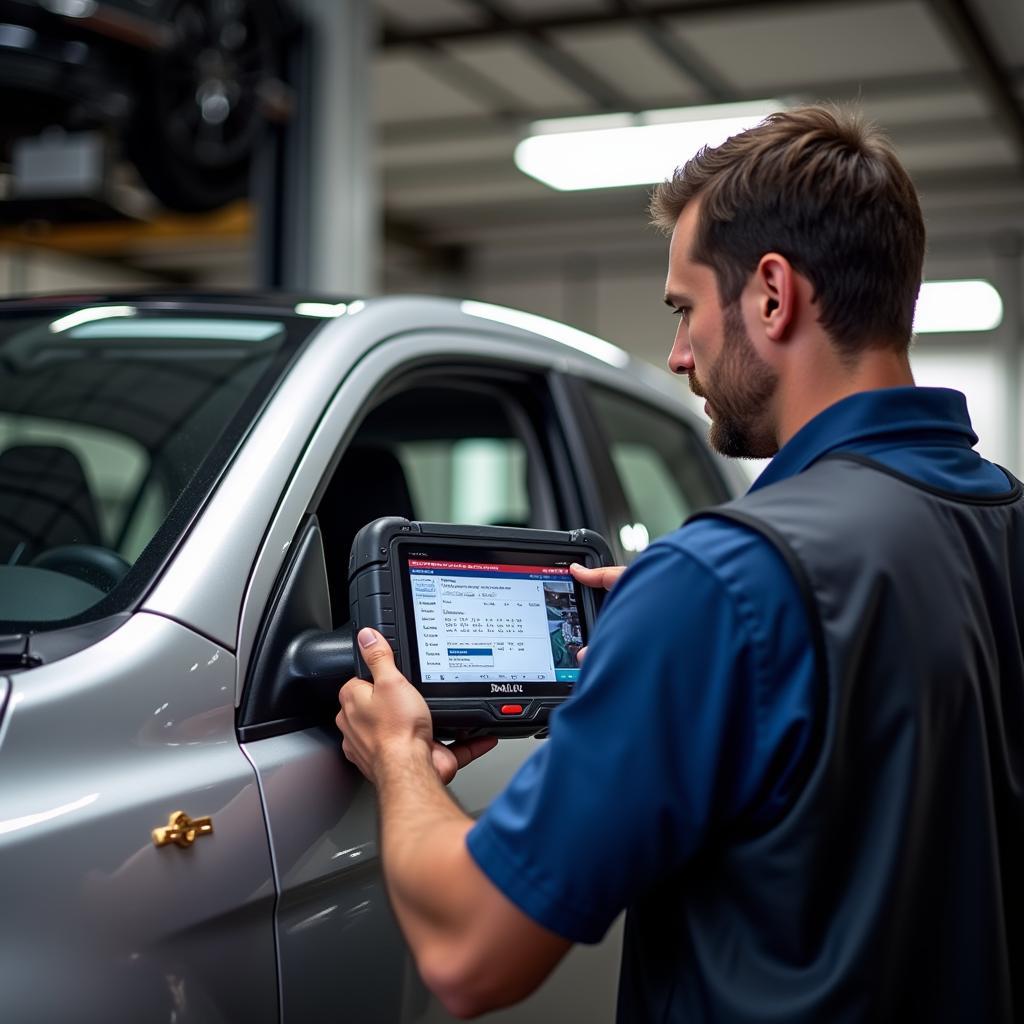 Mechanic using the OBD2 & CAN Deluxe Scan Tool 60693 in a workshop