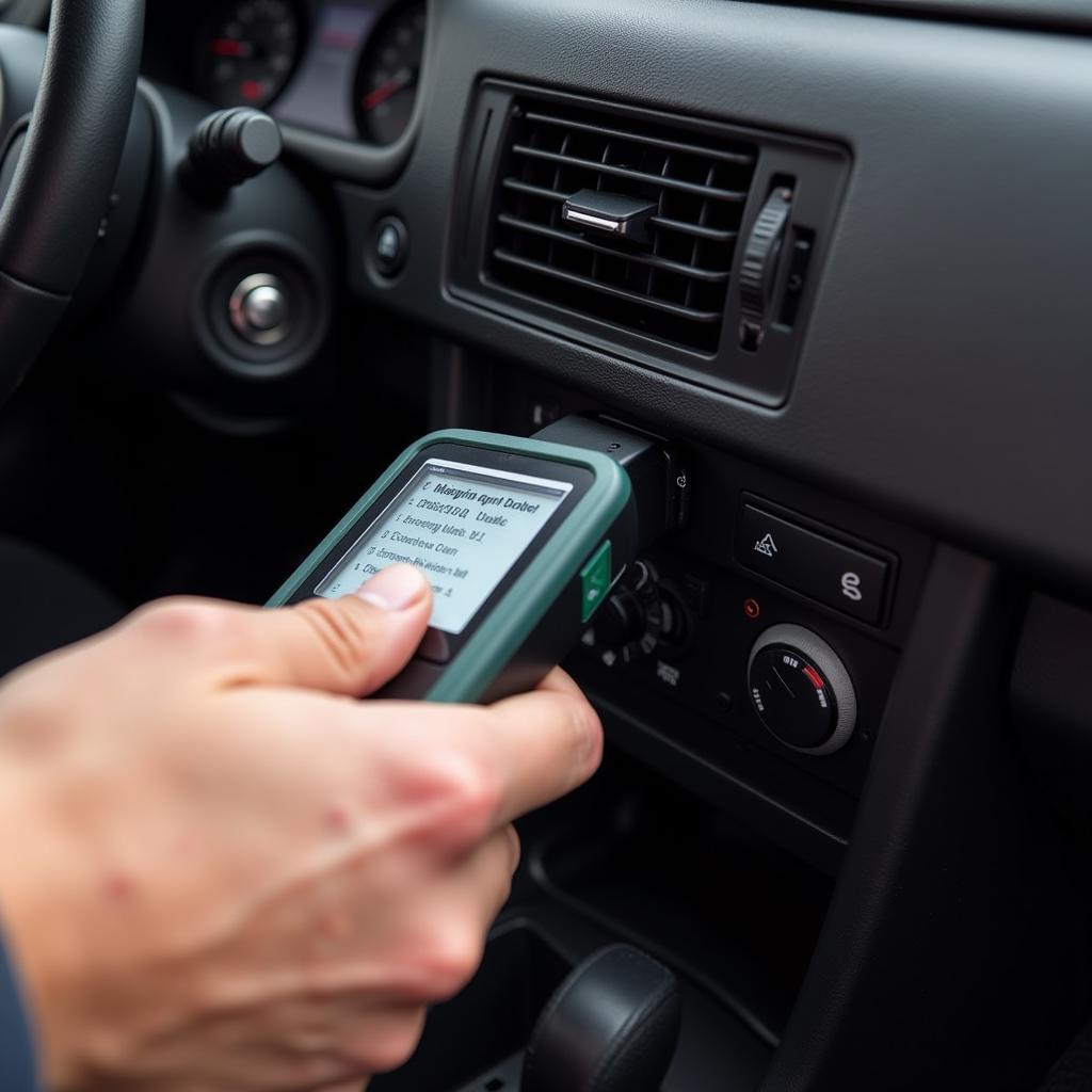 A mechanic is using an OBD2 scanner on a vehicle