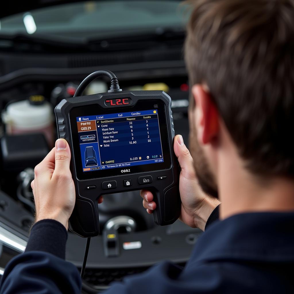 Mechanic Using OBD2 Scanner on a Car