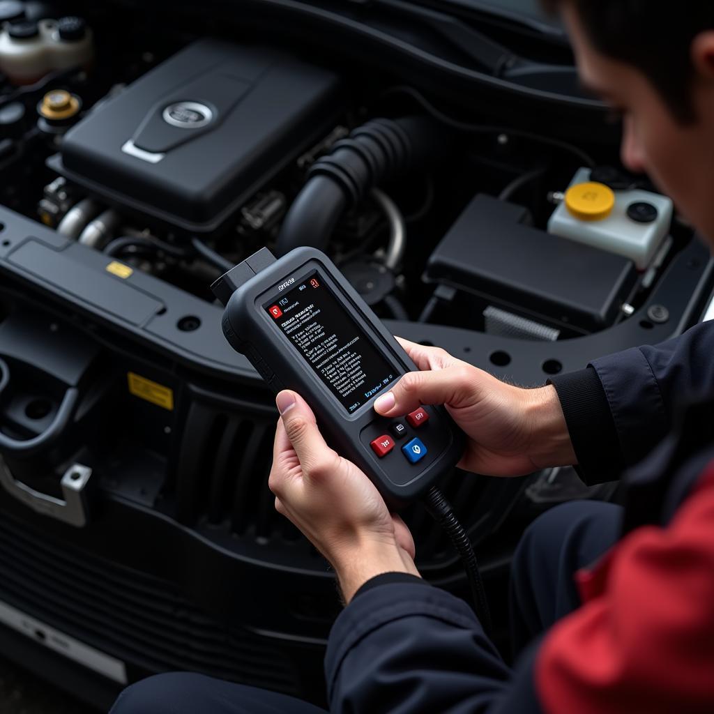 Mechanic Using OBD-II Scanner on a Car