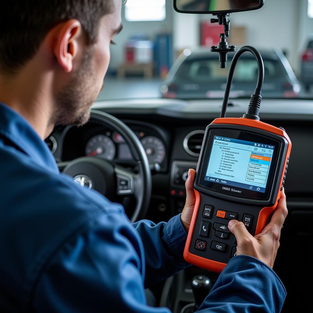 Mechanic using an OBD2 scanner to diagnose a car problem