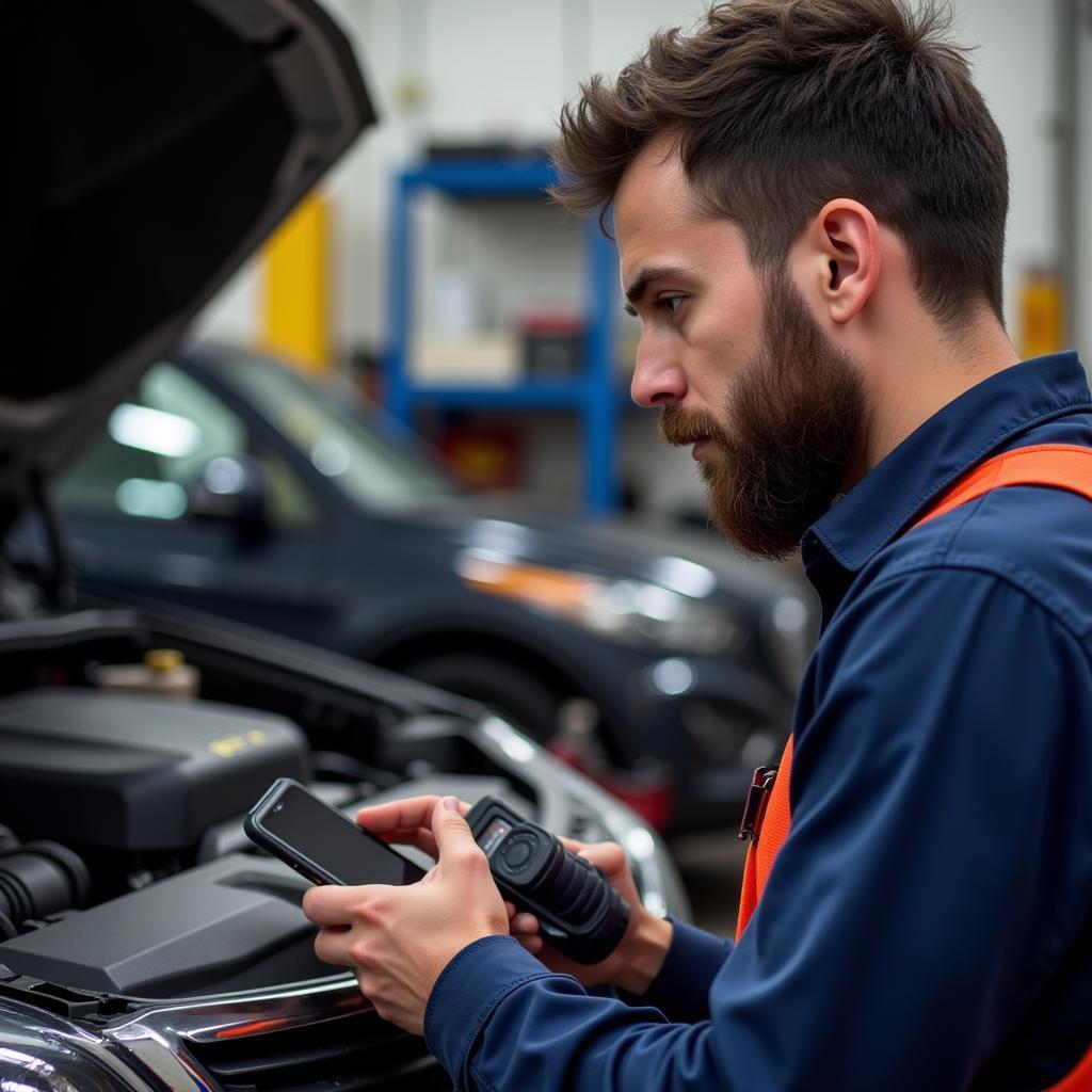 Mechanic Using OBD2 Scanner and Cell Phone