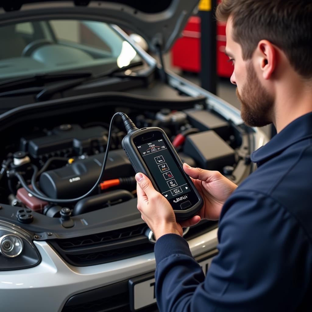 Mechanic using an OBD2 scanner to diagnose a car's engine problem.